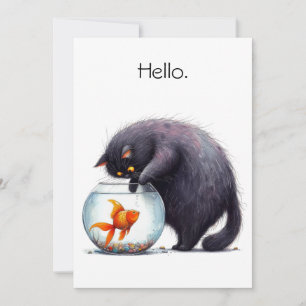 Carte Bonjour Salut Chat Noir et Bol à Poisson Drôle