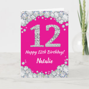 Carte Bonne 12e anniversaire Hot rose et Parties scintil