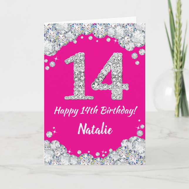 Carte Bonne 14e anniversaire Hot rose et Parties scintil (Devant)