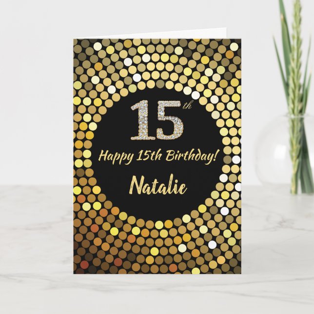 Carte Bonne 15e anniversaire Black and Gold Parties scin (Devant)
