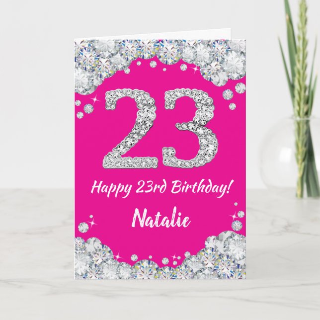 Carte Bonne 23e anniversaire Hot rose et Parties scintil (Devant)