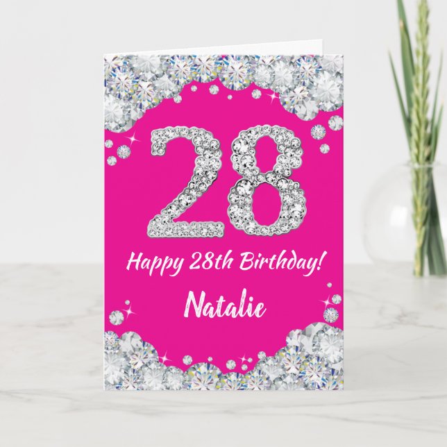 Carte Bonne 28e anniversaire Hot rose et Parties scintil (Devant)