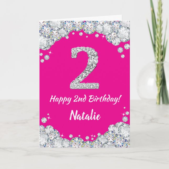 Carte Bonne 2e anniversaire Hot rose et Parties scintill (Devant)