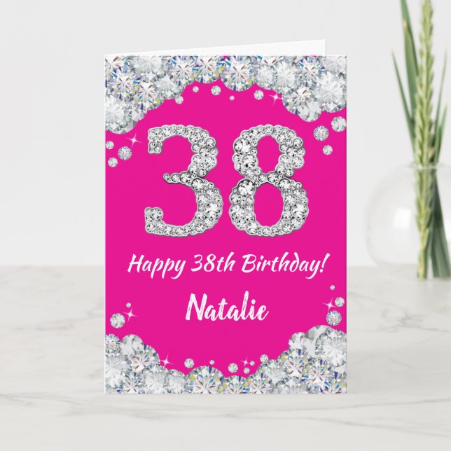 Carte Bonne 38e anniversaire Hot rose et Parties scintil (Devant)