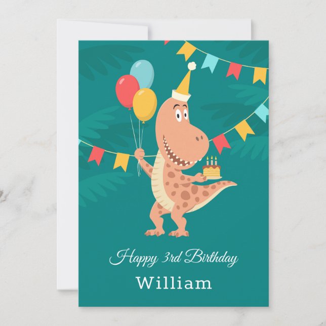 Carte Bonne 3ème anniversaire Cake Balloon Cute Dinosaur (Devant)