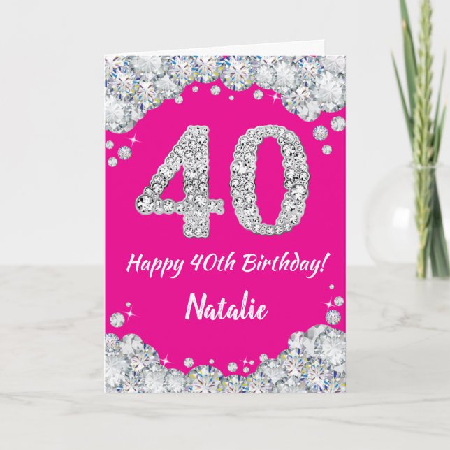 Carte Bonne 40e anniversaire Hot rose et Parties scintil (Devant)