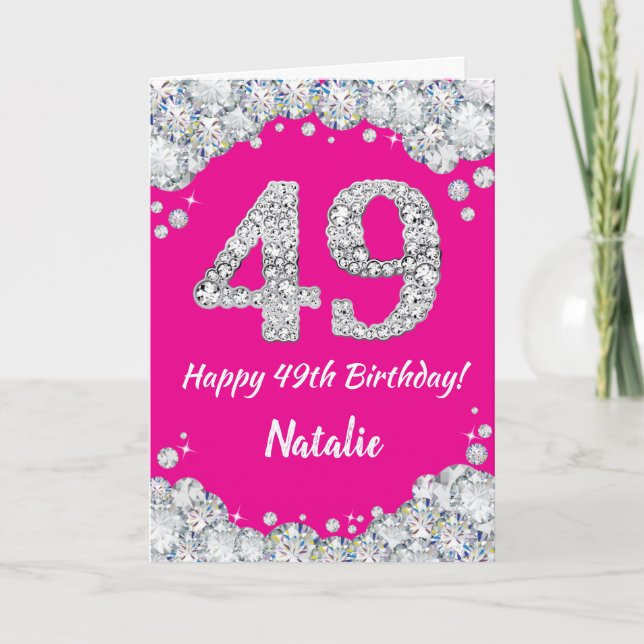 Carte Bonne 49e anniversaire Hot rose et Parties scintil (Devant)