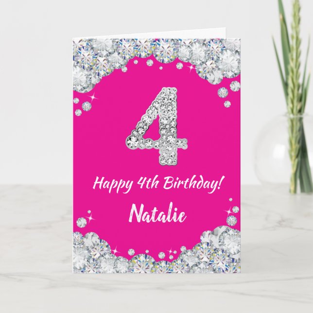 Carte Bonne 4e anniversaire Hot rose et Parties scintill (Devant)