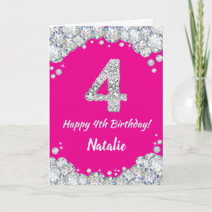 Carte Bonne 4e anniversaire Hot rose et Parties scintill