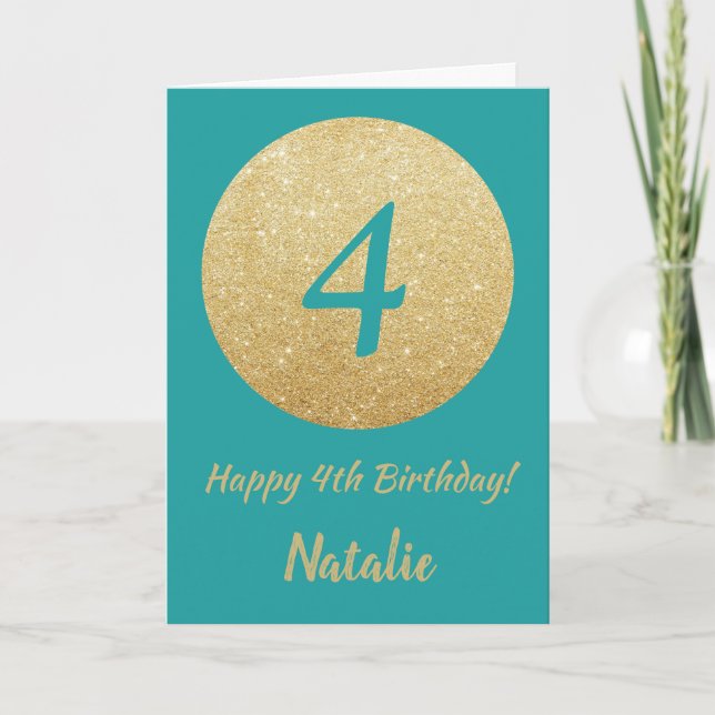Carte Bonne 4e anniversaire Turquoise et Parties scintil (Devant)