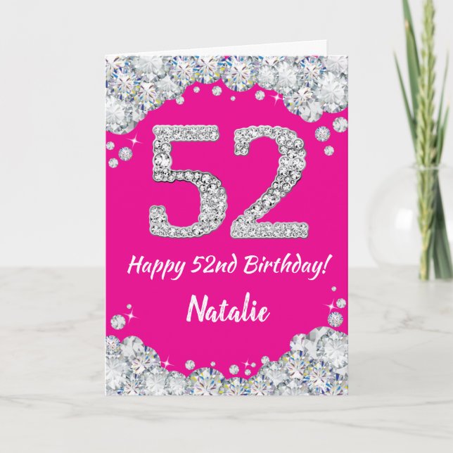 Carte Bonne 52e anniversaire Hot rose et Parties scintil (Devant)