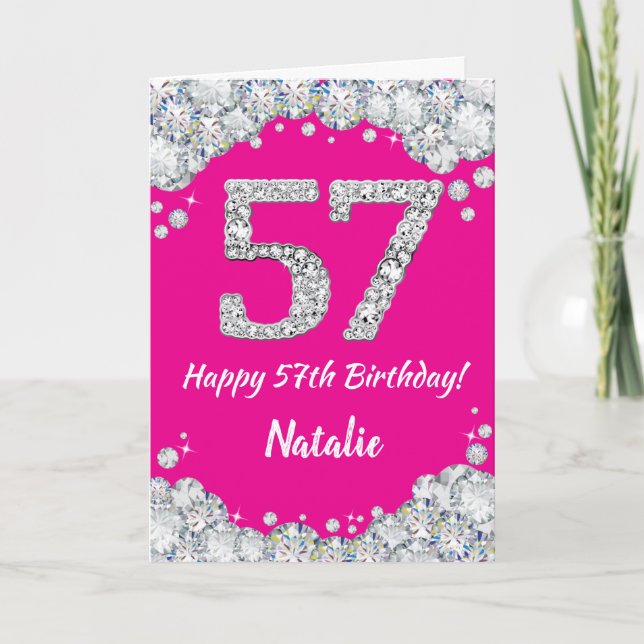 Carte Bonne 57e anniversaire Hot rose et Parties scintil (Devant)
