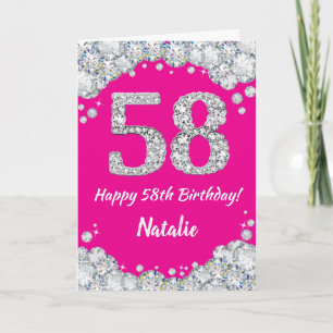 Carte Bonne 58e anniversaire Hot rose et Parties scintil