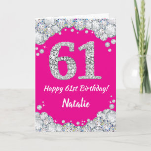 Carte Bonne 61e anniversaire Hot rose et Parties scintil