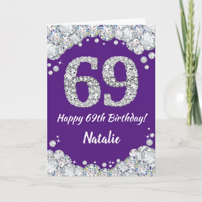 Carte Bonne 69e anniversaire Parties scintillant violet  (Devant)