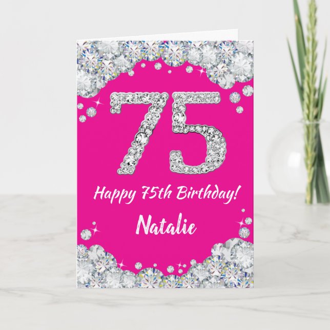 Carte Bonne 75e anniversaire Hot rose et Parties scintil (Devant)
