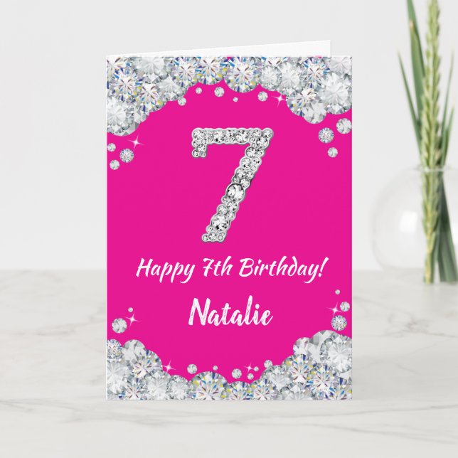 Carte Bonne 7e anniversaire Hot rose et Parties scintill (Devant)