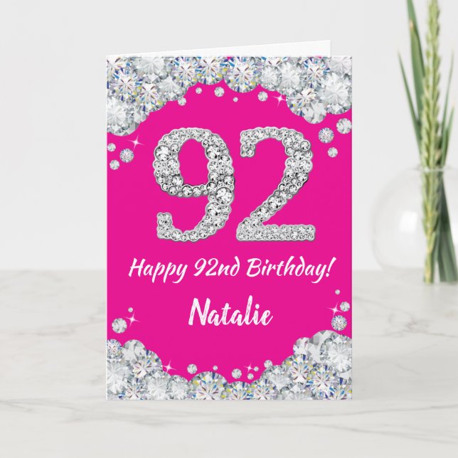 Carte Bonne 92e anniversaire Hot rose et Parties scintil (Devant)