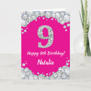 Carte Bonne 9e anniversaire Hot rose et Parties scintill