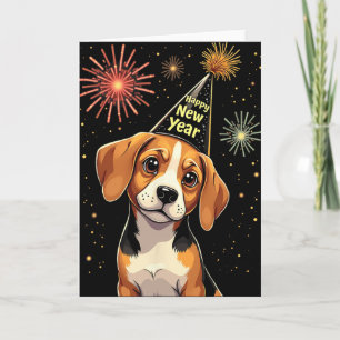 Carte Bonne année 2025 Eve Feu d'artifice Chien Drôle Be