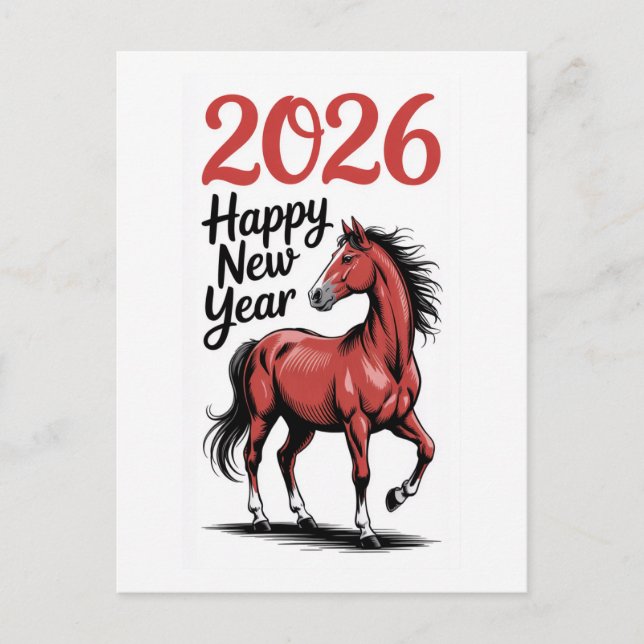 Carte Bonne Année 2026 Cheval Rouge Illustration (Devant)