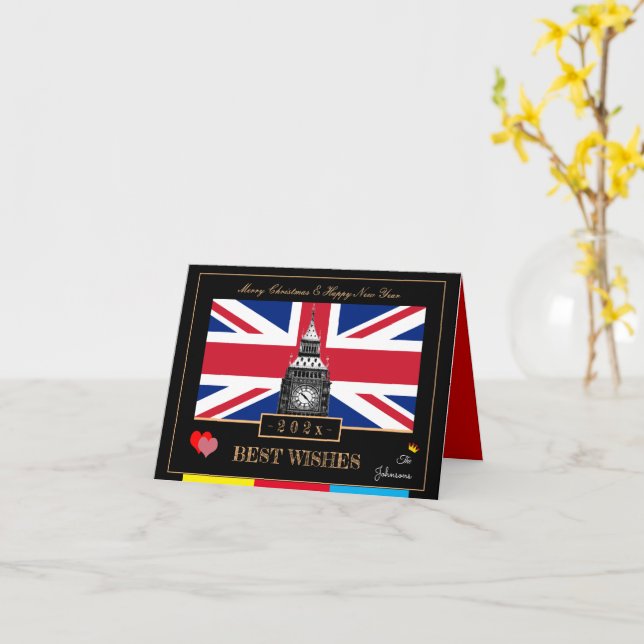 Carte Bonne année 2026, drapeau britannique, Big Ben UK (Fleur jaune)