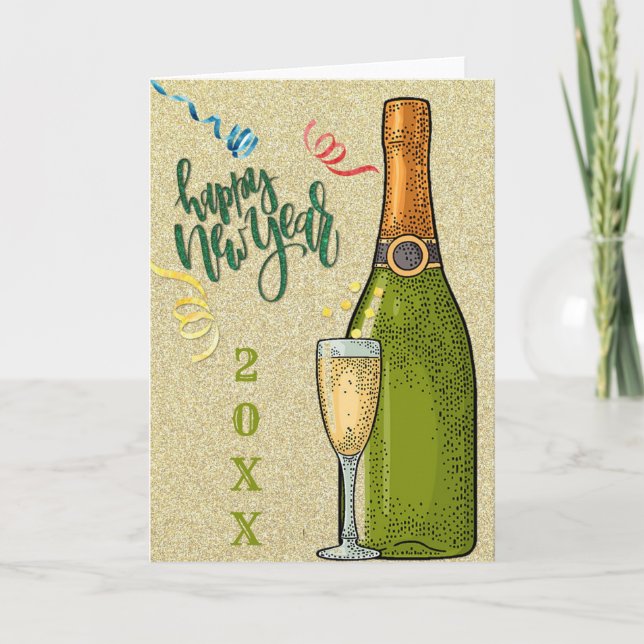 Carte Bonne année Champagne Parties scintillant d'or (Devant)