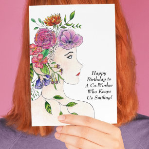 Carte Bonne Femme d'anniversaire avec fleurs Co-Worker