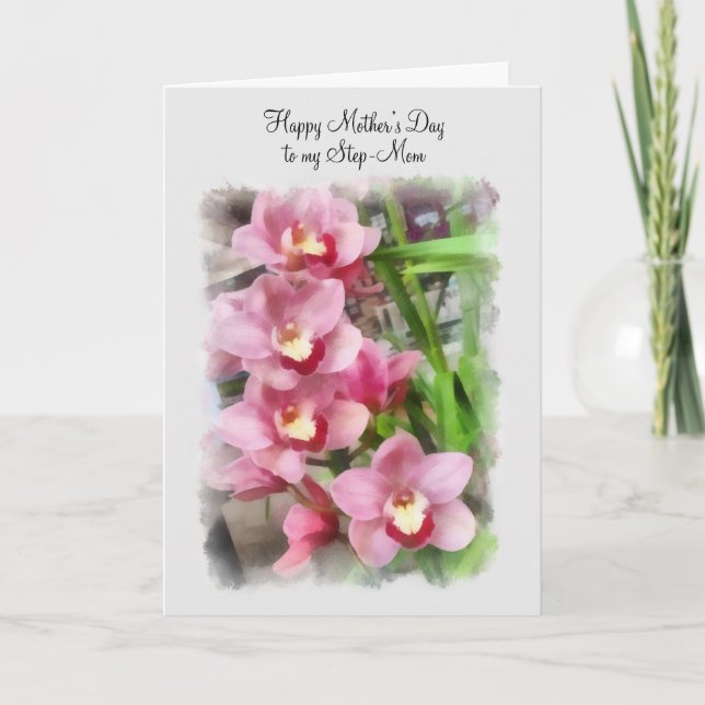 Carte Bonne fête des mères à mon pas Mère orchidées rose (Devant)