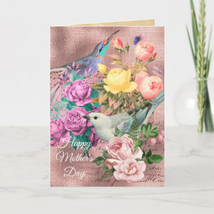 Carte Bonne fête des mères Chanson Oiseaux, Roses et pap