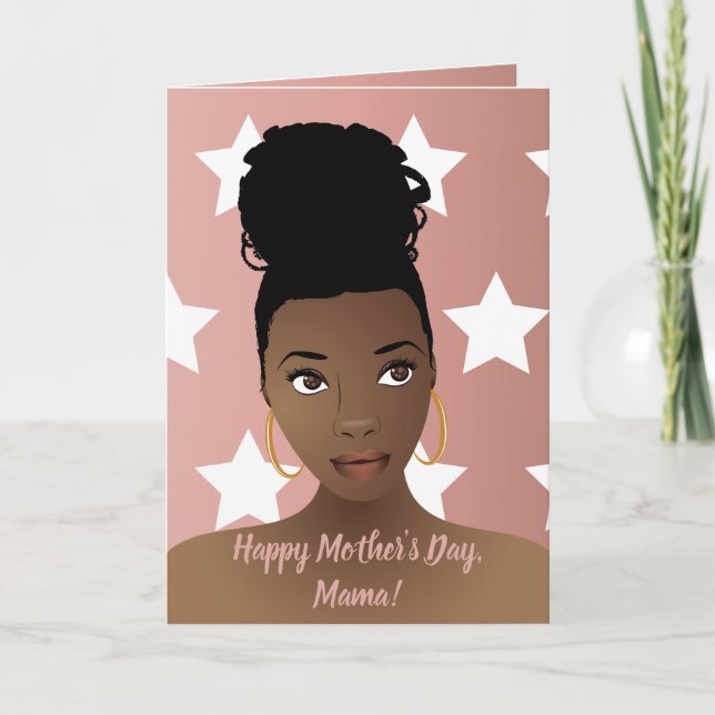 Carte Bonne fête des mères ! Femme noire, Étoiles blanch (Devant)