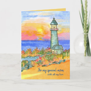 Carte Bonne fête des mères Maman phare lever du soleil