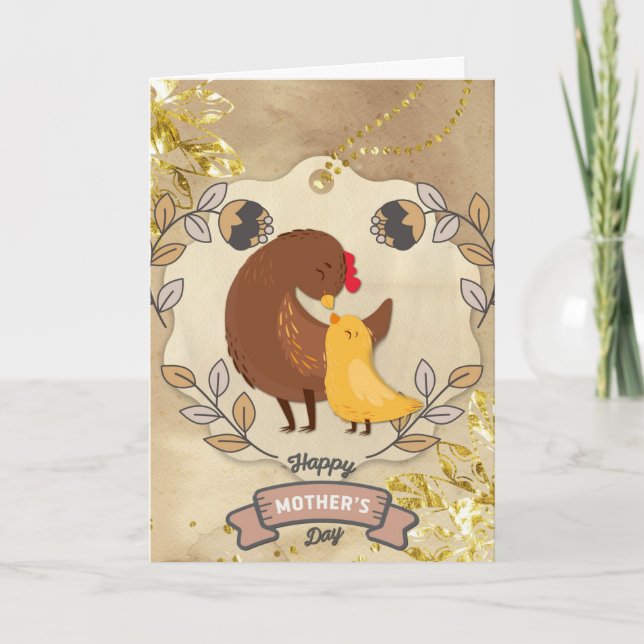 Carte Bonne fête des mères mignonne amusant poulet et po (Devant)