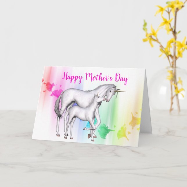 Carte Bonne fête des mères | Unicorne avec son bébé (Fleur jaune)