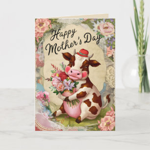 Carte Bonne fête des mères Vache Vintage rétro