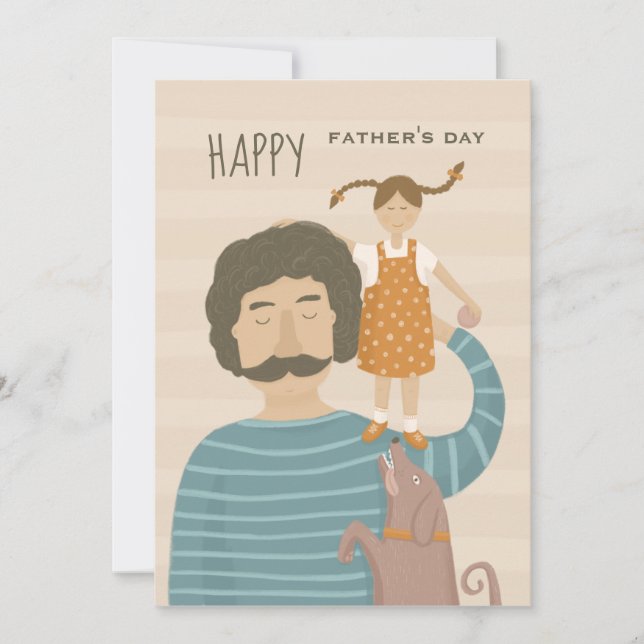 Carte Bonne fête des pères. Papa fille et mignon chien d (Devant)