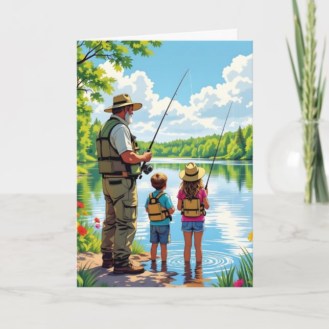 Carte Bonne Fête des pères | Papa pêche avec les enfants (Devant)