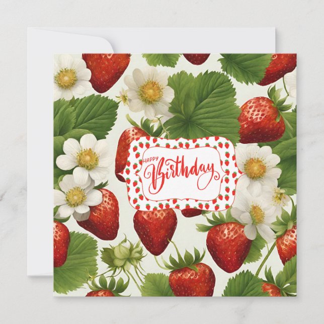 Carte Bonne fraises d'anniversaire, Feuilles et fleurs (Devant)