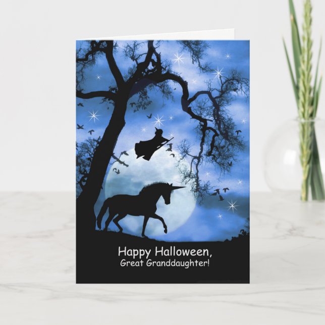 Carte Bonne Halloween Unicorne, Sorcière Grande Petite-f (Devant)