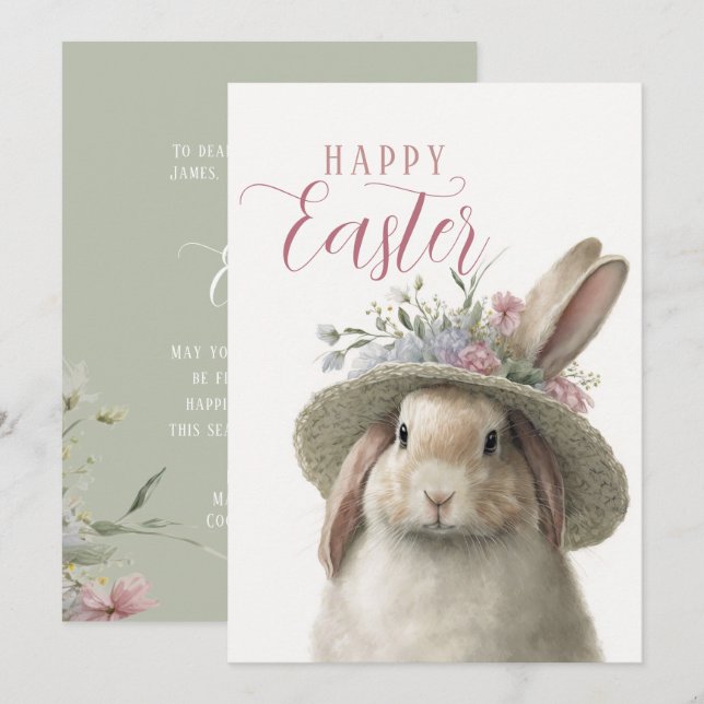 Carte Bonne Pâques Aquarelle mignonne Lapin Floral Lapin (Devant / Derrière)