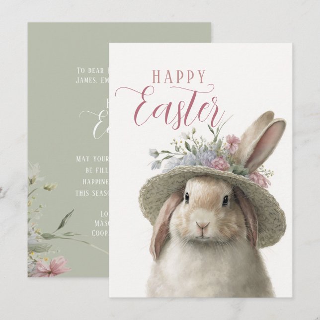 Carte Bonne Pâques Aquarelle mignonne Lapin Floral Lapin (Devant / Derrière)