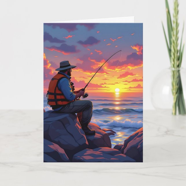 Carte Bonne pêche à la Fête des pères au coucher du sole (Devant)