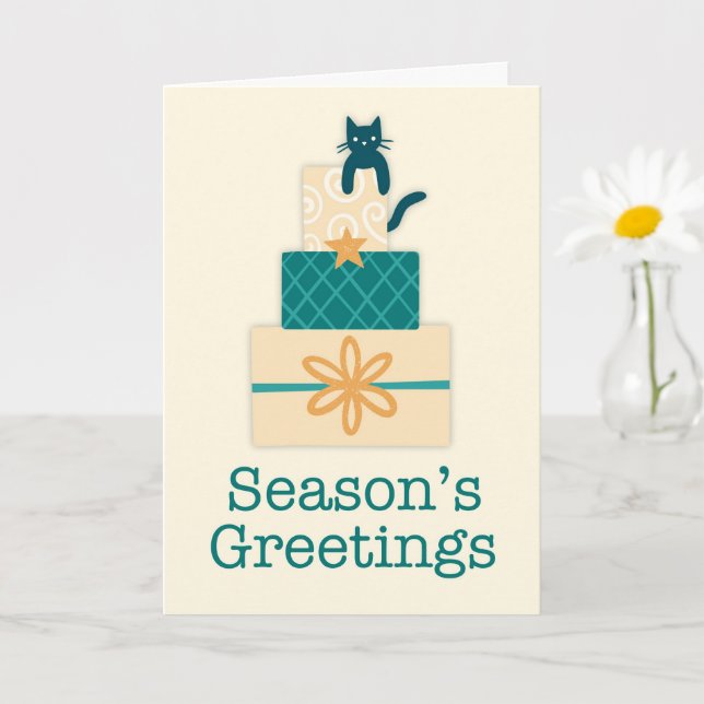 Carte Bonnes Fêtes Cat Cadeau Pile Vacances (Petite plante)