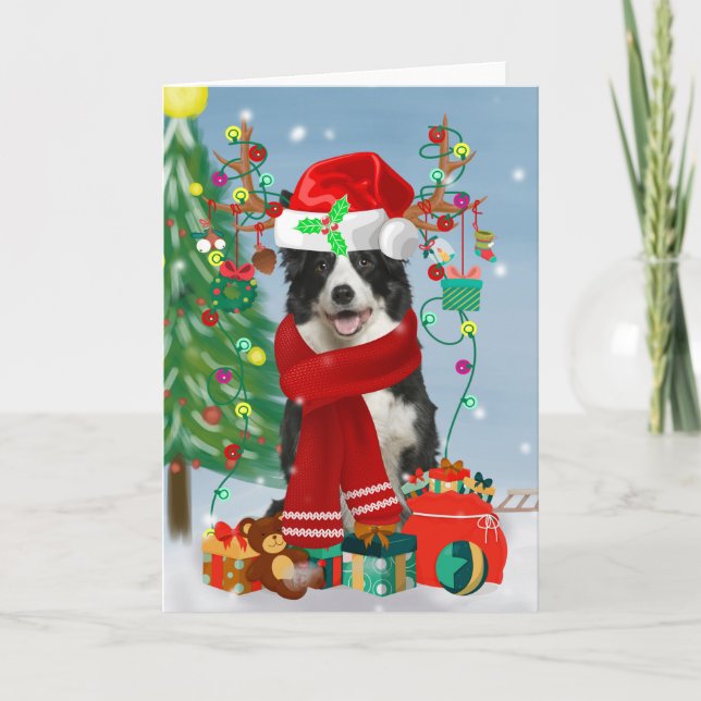 Carte Border Collie chien dans la neige avec des cadeaux (Devant)