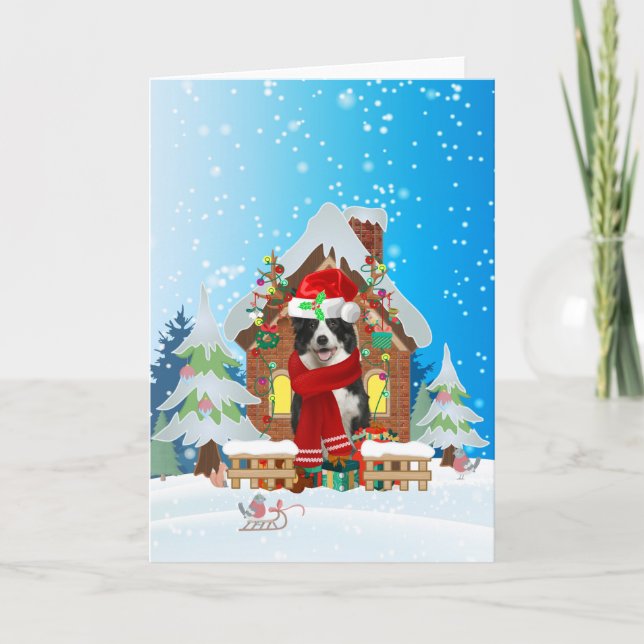 Carte Border Collie dans la neige avec des cadeaux de No (Devant)