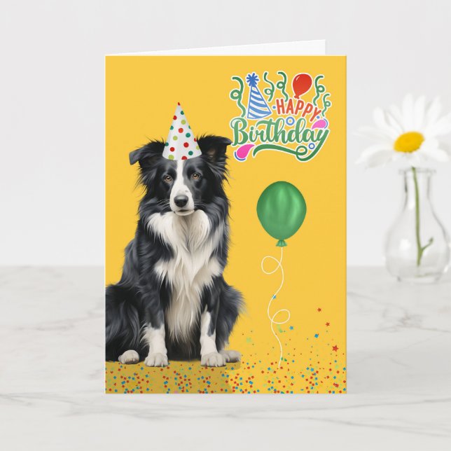 Carte Border Collie Dog Party Hat Yellow Birthday (Petite plante)
