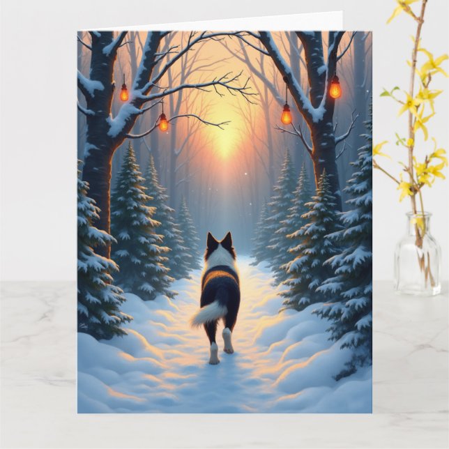 Carte Border Collie Snowy Forest Walk Holiday Painting (Fleur jaune)
