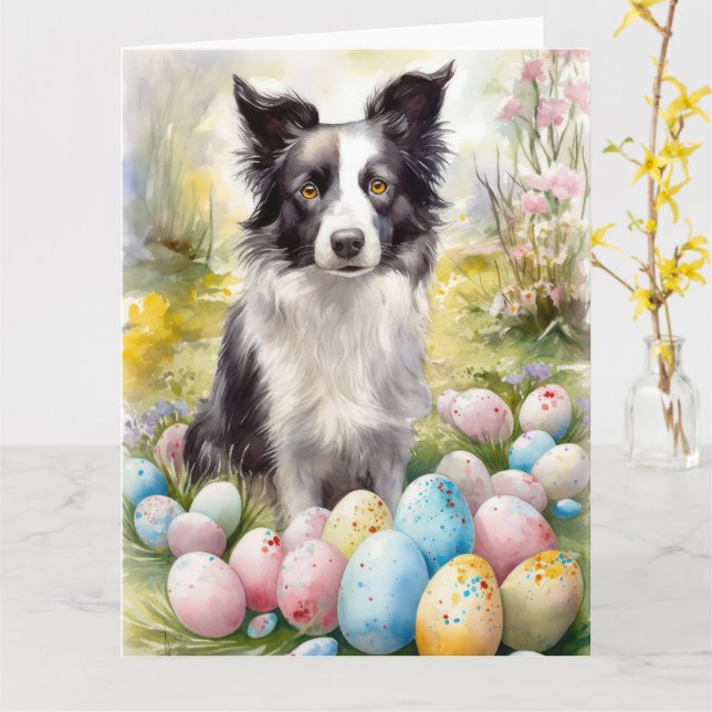Carte Bordure Collie Chien avec Oeufs de Pâques Fête (Fleur jaune)