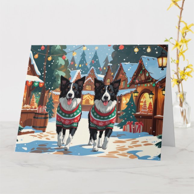 Carte Bordure Collie Chiens Noël Fête de la neige (Fleur jaune)