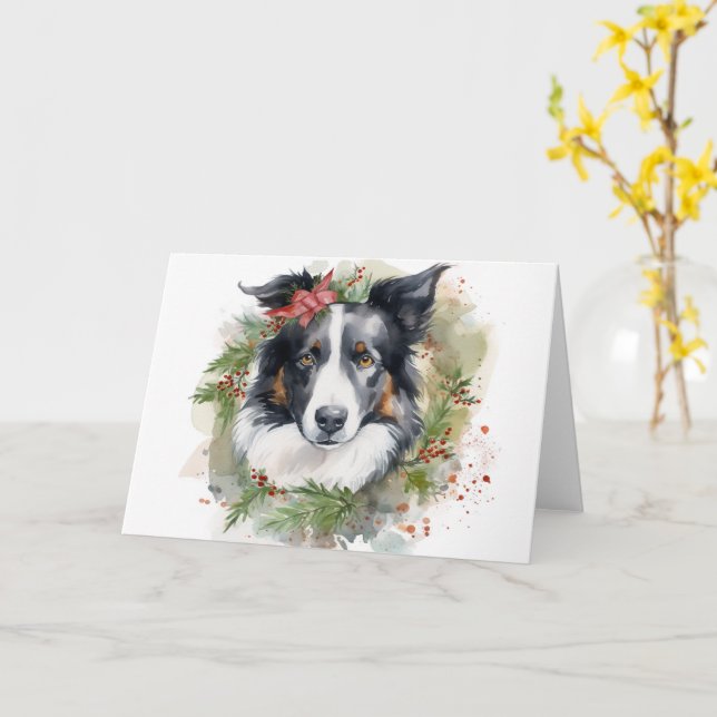 Carte Bordure Collie Fête de Noël Wreath Pup (Fleur jaune)
